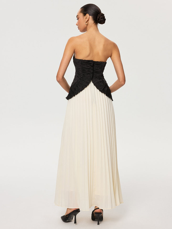 Color-Block Strapless Pleated Chiffon Maxi Dress