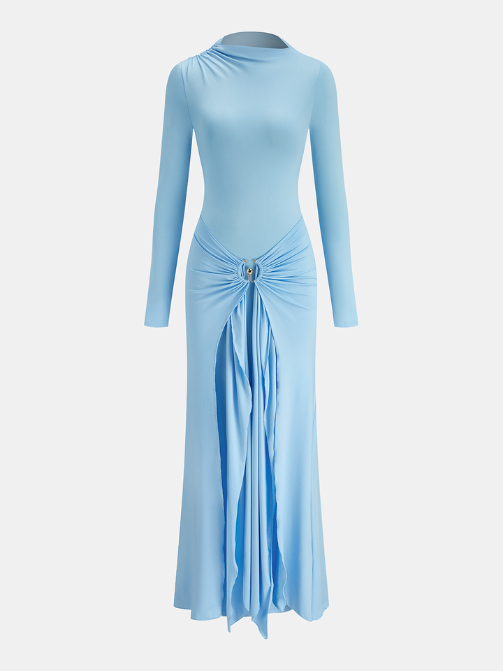 Metal Ring Draped Long Sleeve Maxi Dress