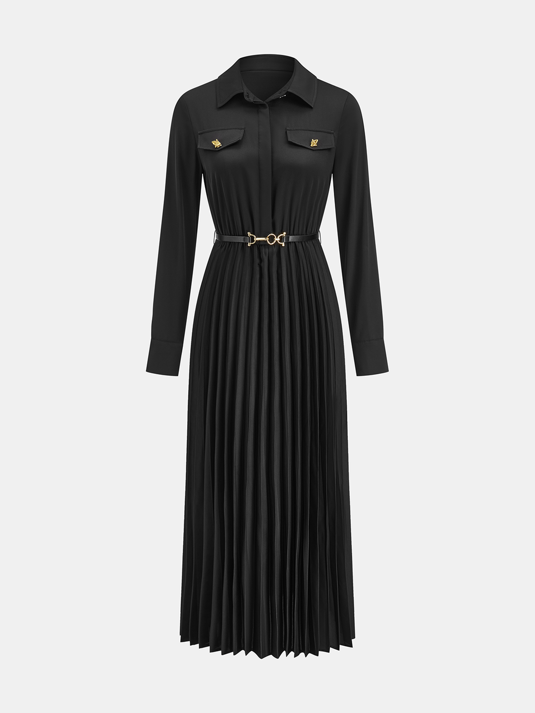 Belted Pleated Long Sleeve Shirt Dress