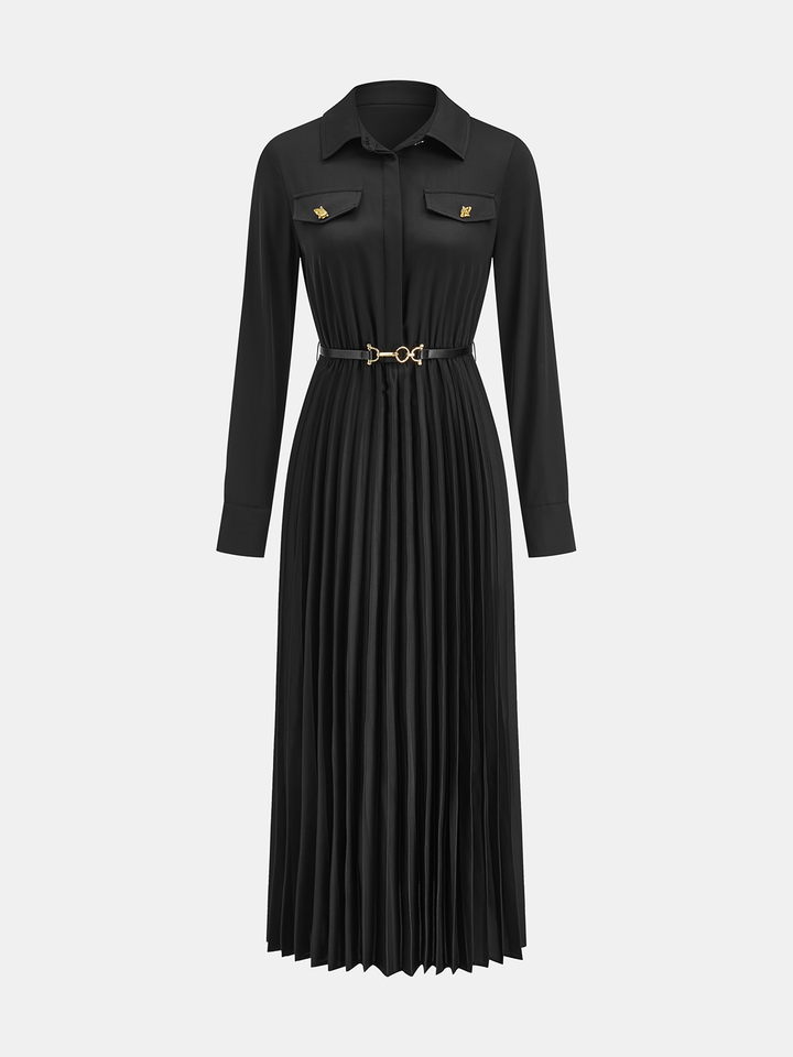 Belted Pleated Long Sleeve Shirt Dress