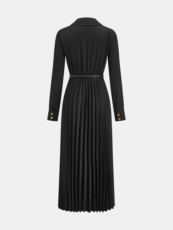 Belted Pleated Long Sleeve Shirt Dress