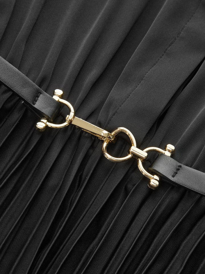 Belted Pleated Long Sleeve Shirt Dress