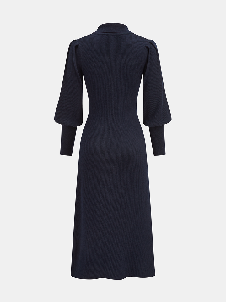 Leg-Of-Mutton Sleeve Wool Blend Collared Midi Dress