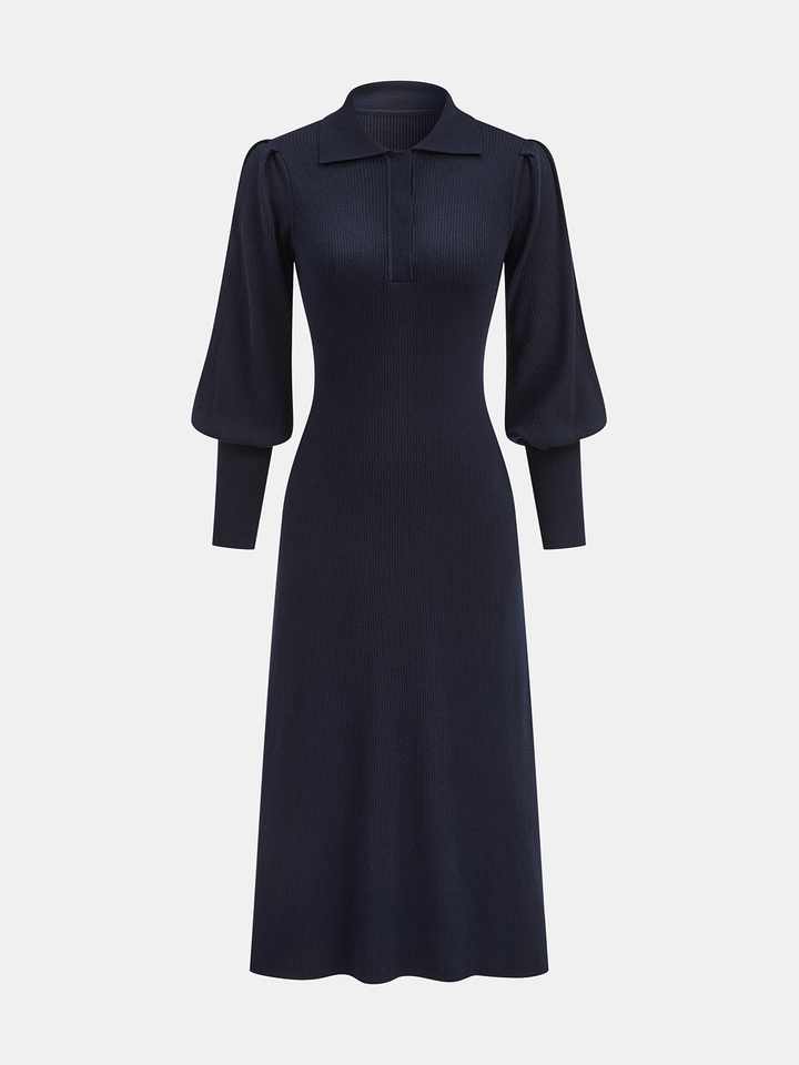 Leg-Of-Mutton Sleeve Wool Blend Collared Midi Dress