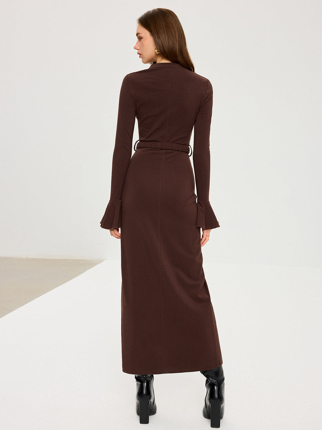 Flared Cuff Button-Front Maxi Dress