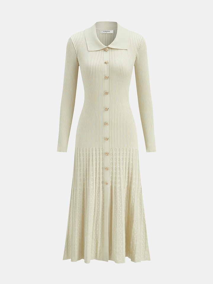 Metal Button Ribbed Knit Shirt Dress