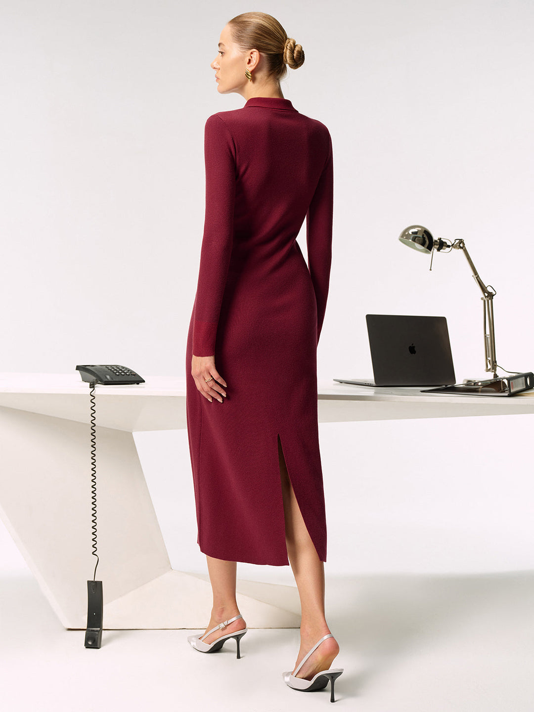 Shirt Collar Metal Button Knit Maxi Dress