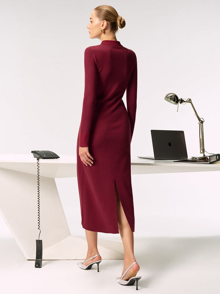 Shirt Collar Metal Button Knit Maxi Dress