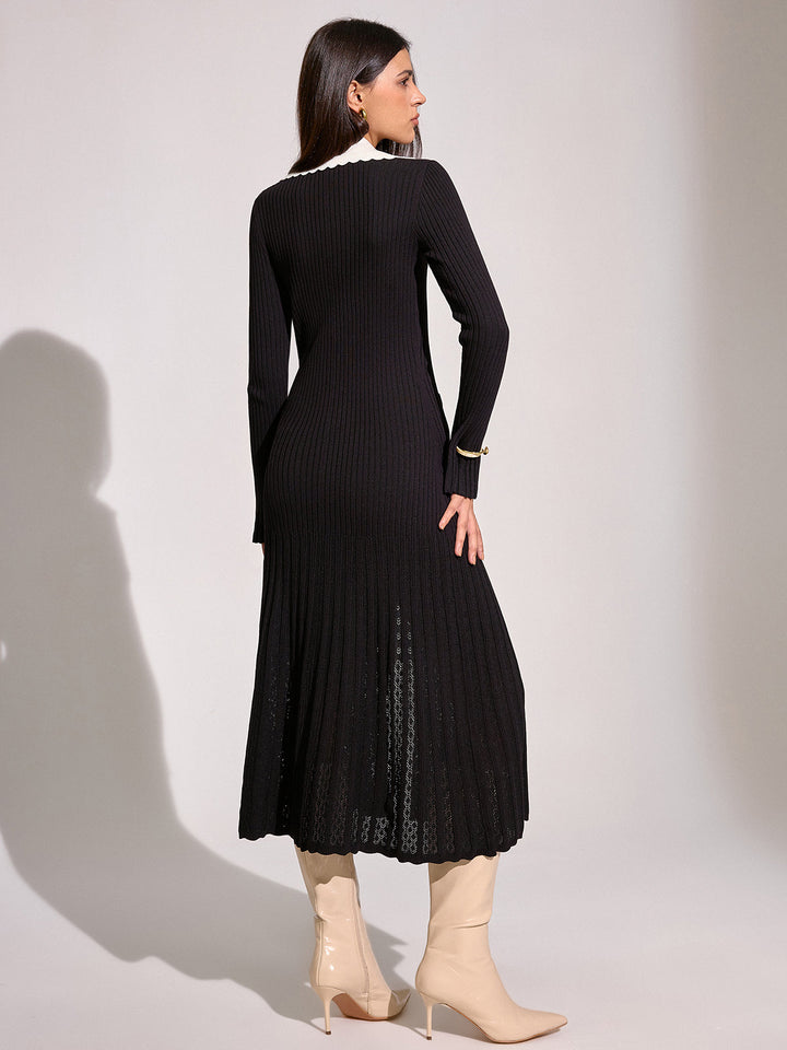 V-neck Collared Button Knitted Dress