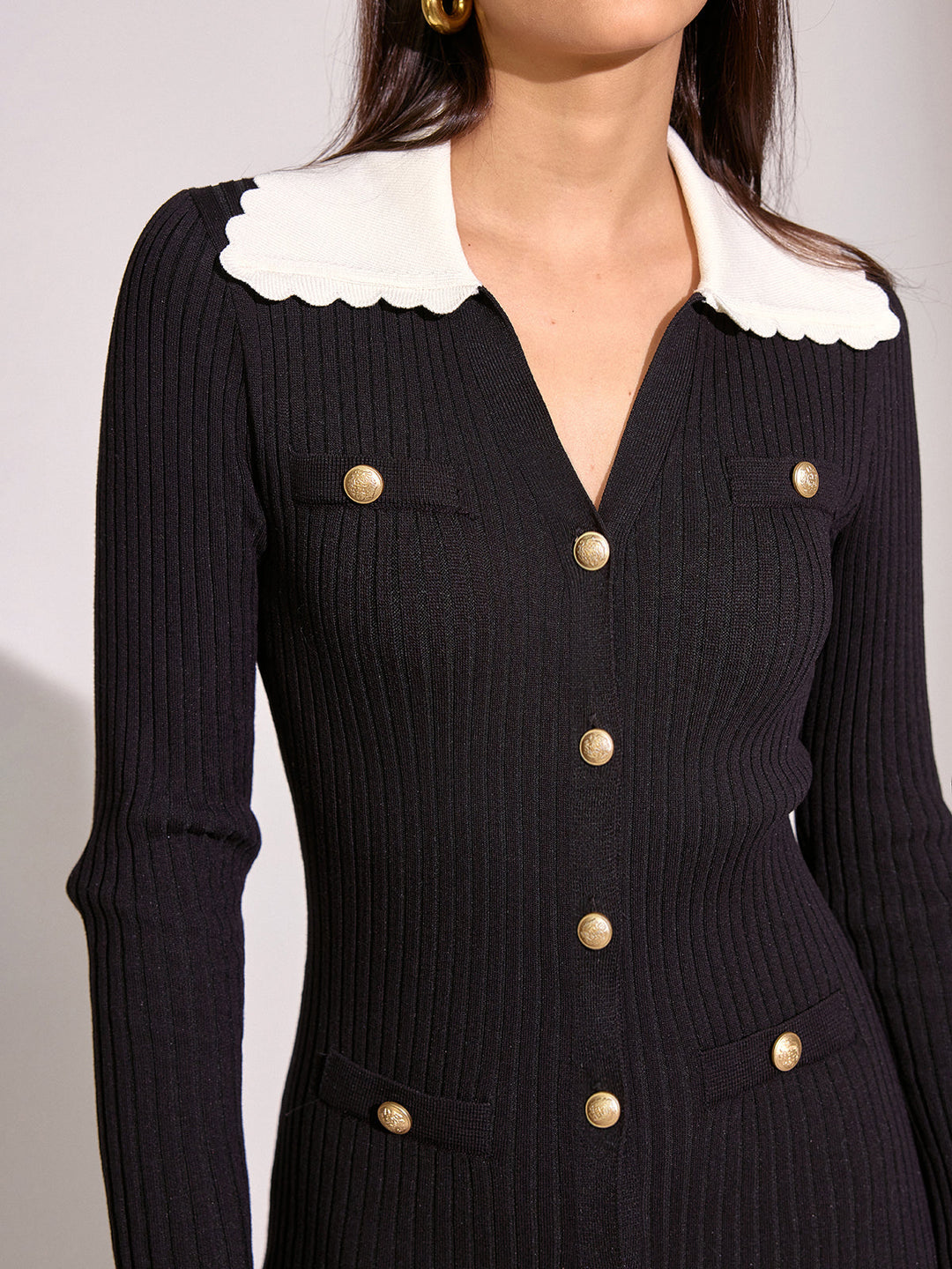V-neck Collared Button Knitted Dress