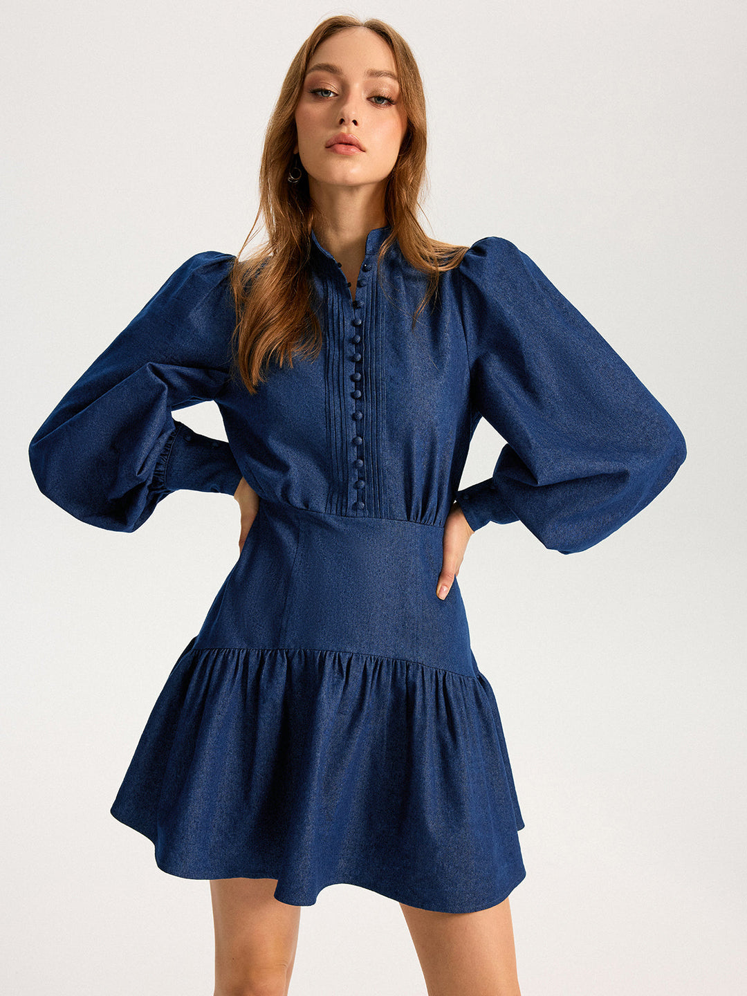 Denim Stand Collar Puff Sleeve Mini Dress