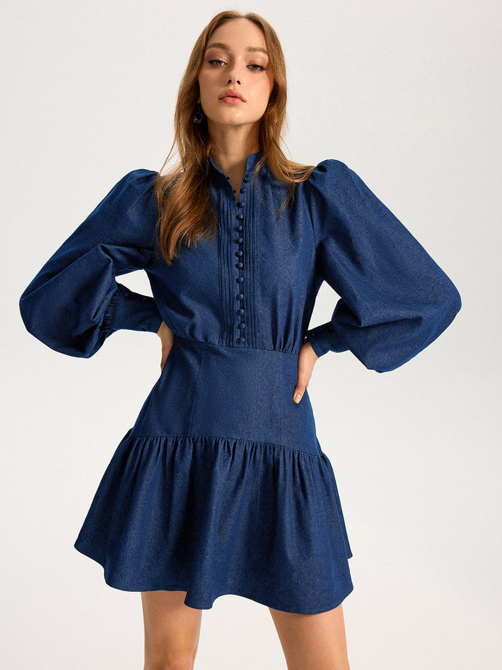 Denim Stand Collar Puff Sleeve Mini Dress