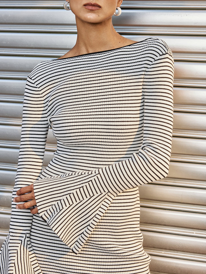 Flared Sleeve Striped Backless Mini Dress