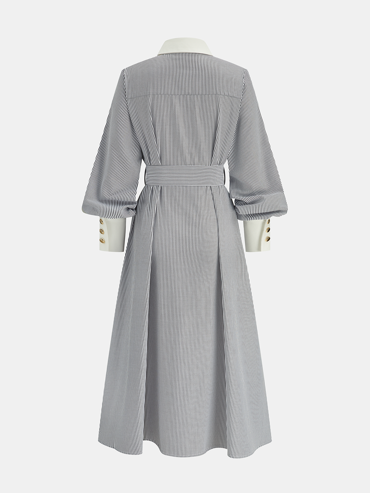Contrast Trim Striped Belted Shirt Dress