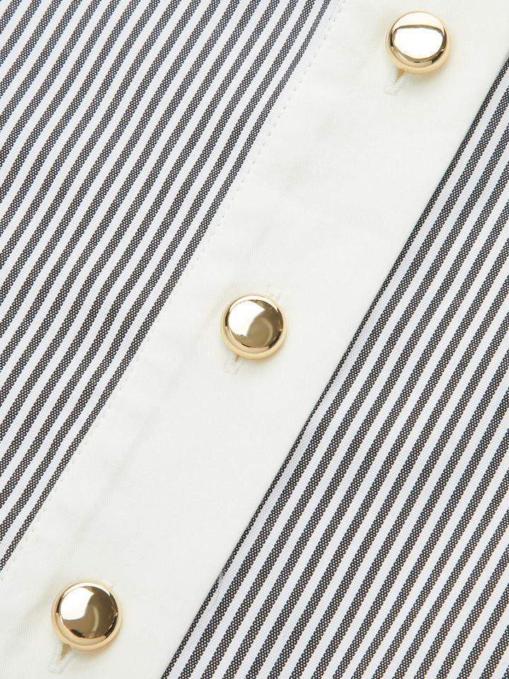 Contrast Trim Striped Belted Shirt Dress