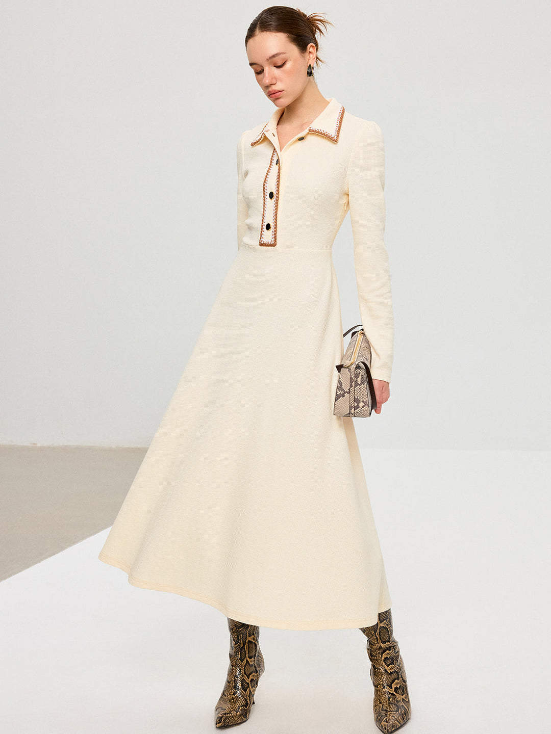 Contrast Trim Collared Midi Dress