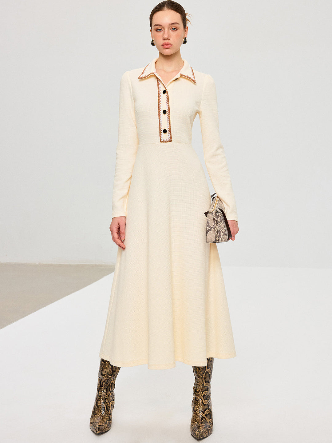 Contrast Trim Collared Midi Dress