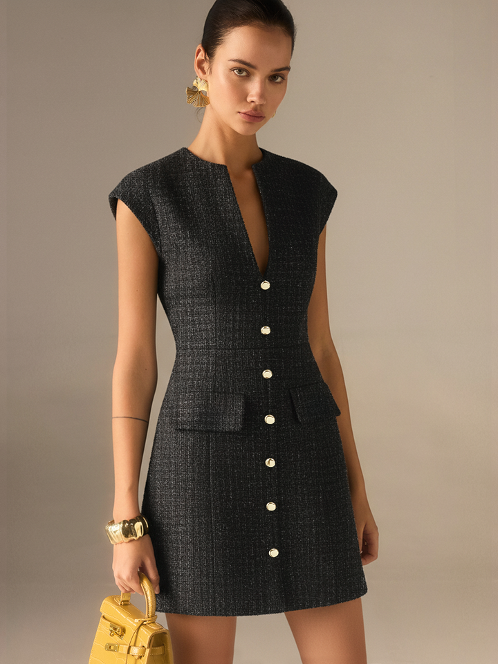 Metal Button Tweed Sleeveless Mini Dress