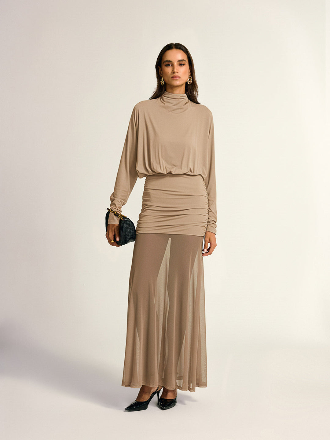 Turtleneck Long Sleeve Drape Ruched Mesh Dress