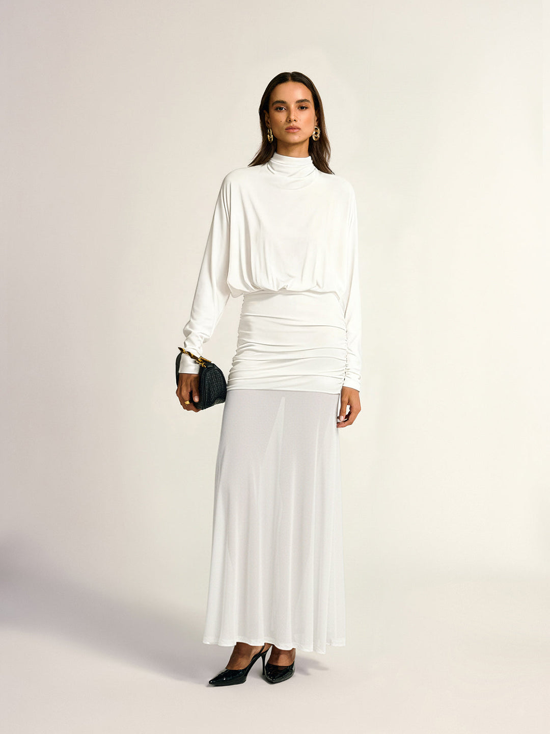 Turtleneck Long Sleeve Drape Ruched Mesh Dress