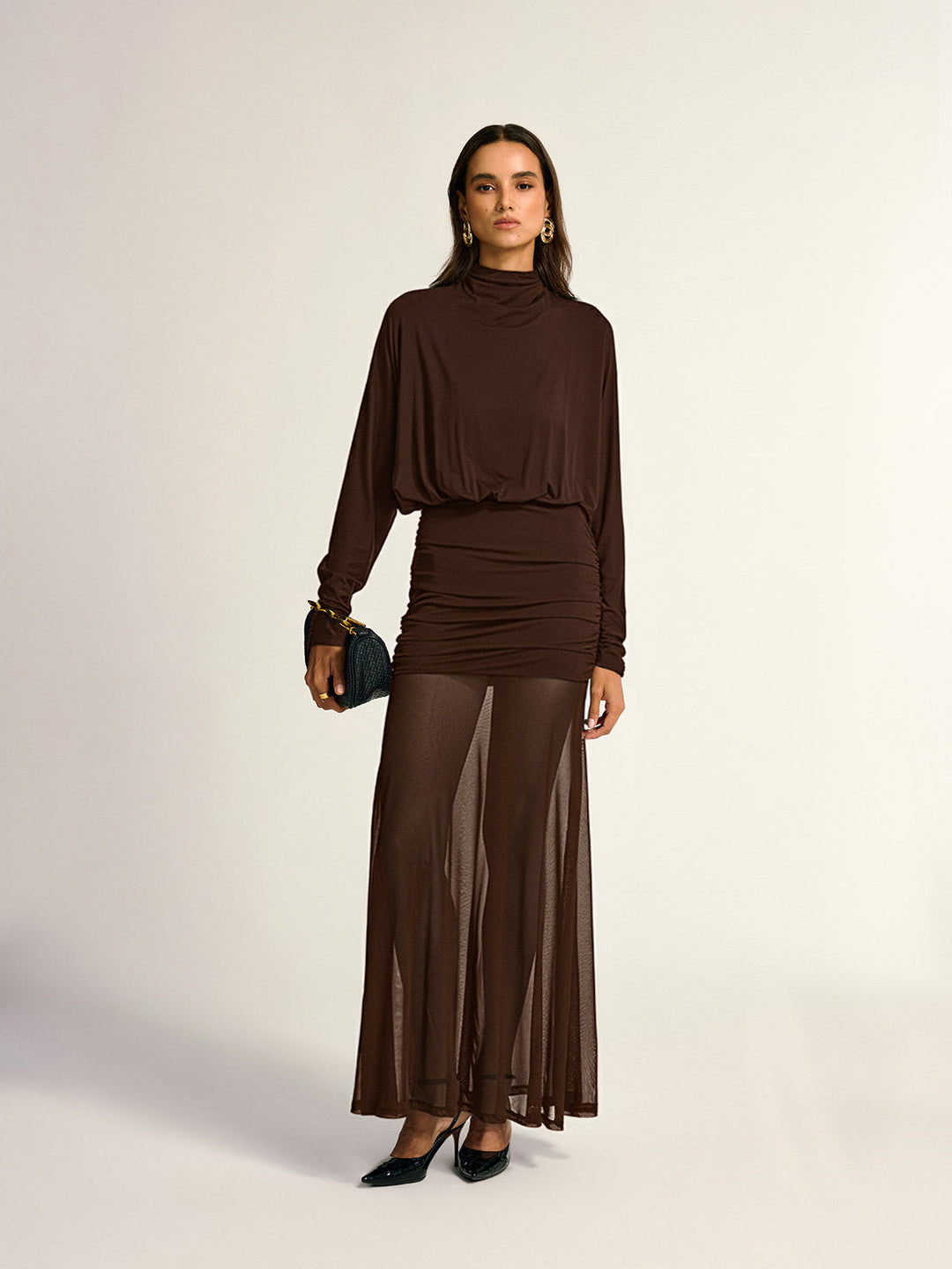Turtleneck Long Sleeve Drape Ruched Mesh Dress