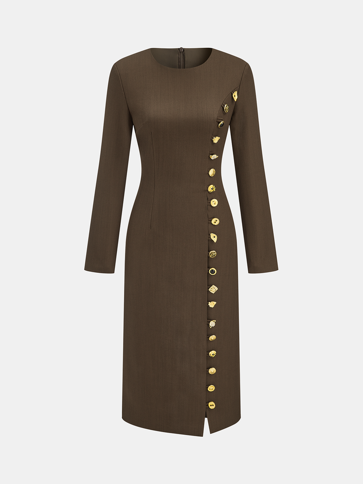 Metal Side Button Long Sleeve Midi Dress