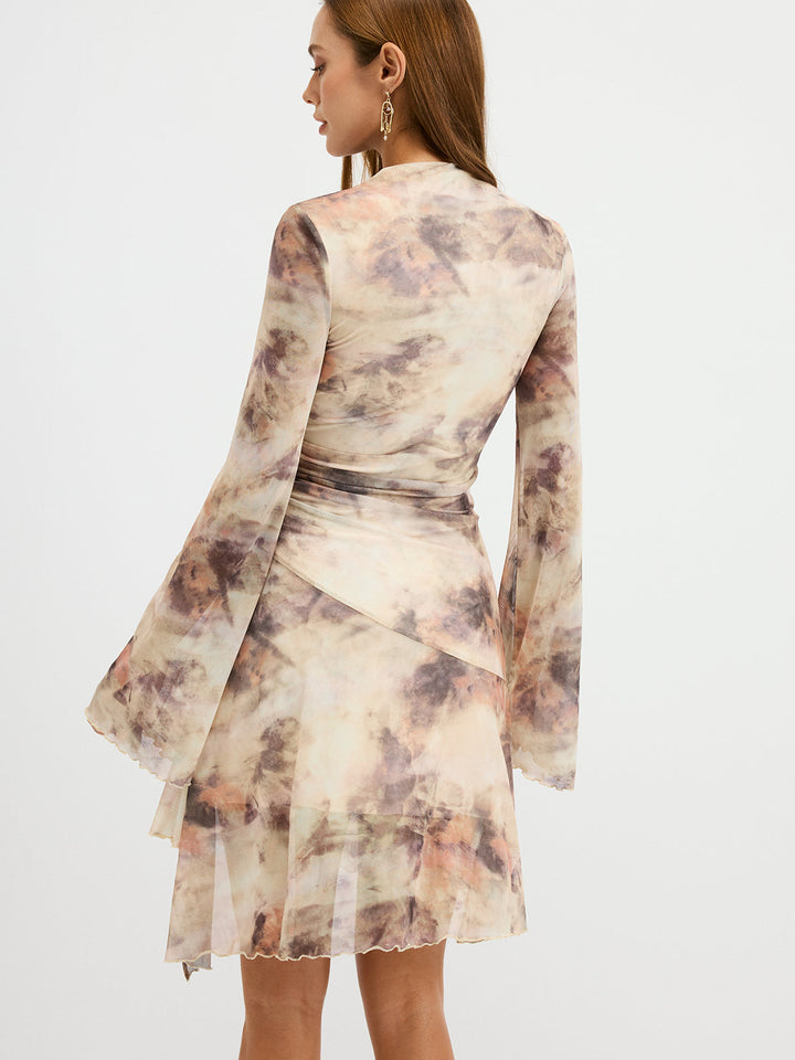 Tie-Dye Print Flared Sleeve Ruched Mini Dress