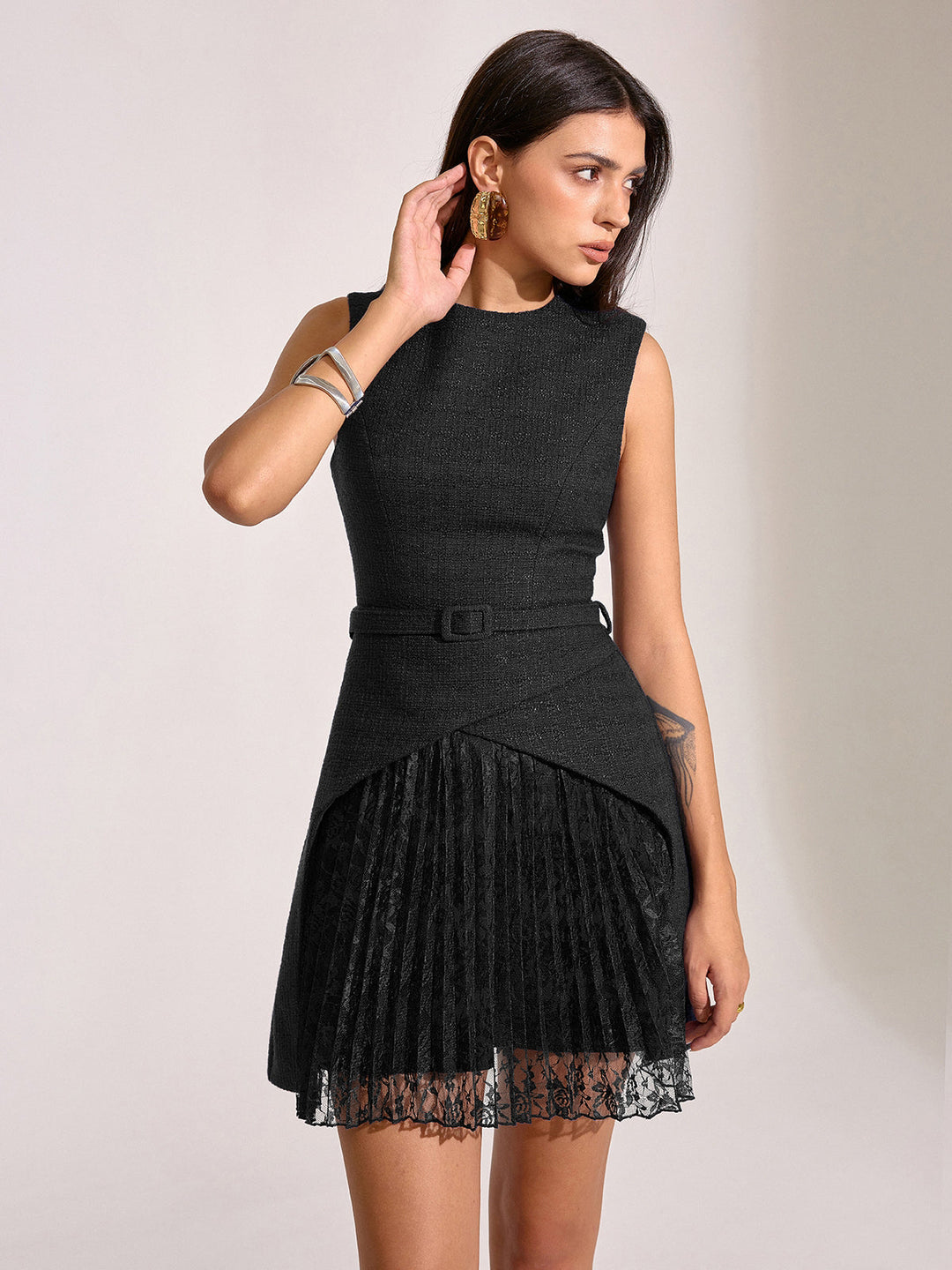 Belted Pleated Lace Mini Dress