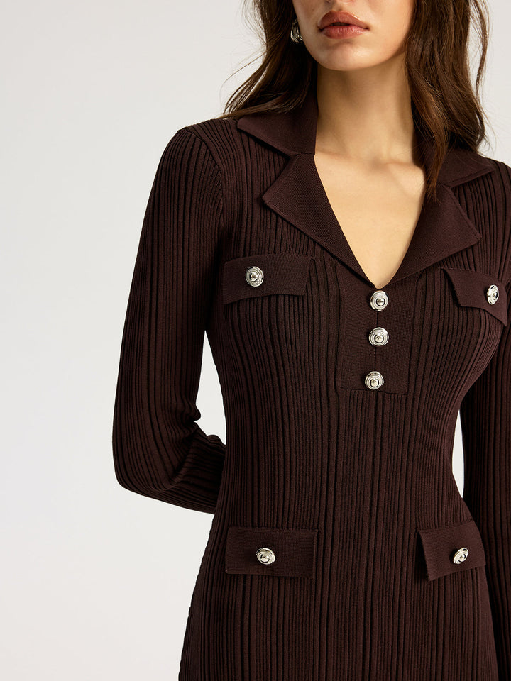 Lapel Metal Detail Knit Maxi Dress