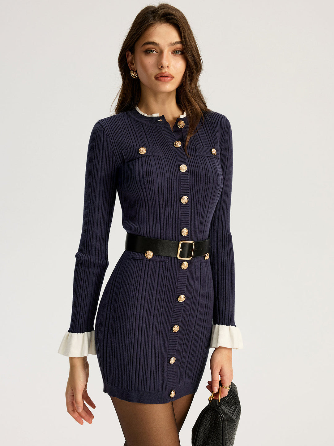 Contrast Cuff Metal Button Belted Mini Dress