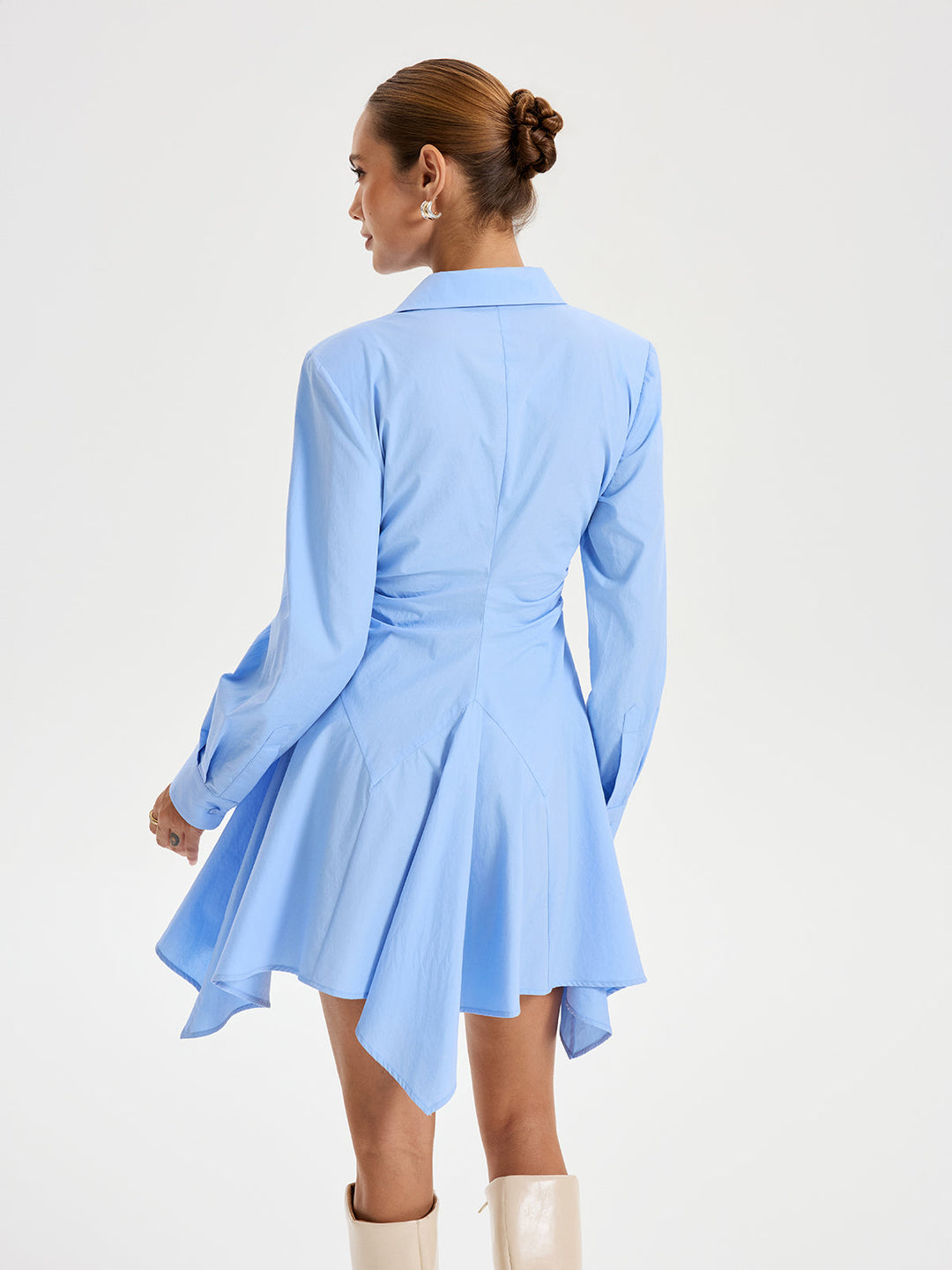 Asymmetric Hem Ruched Shirt Dress