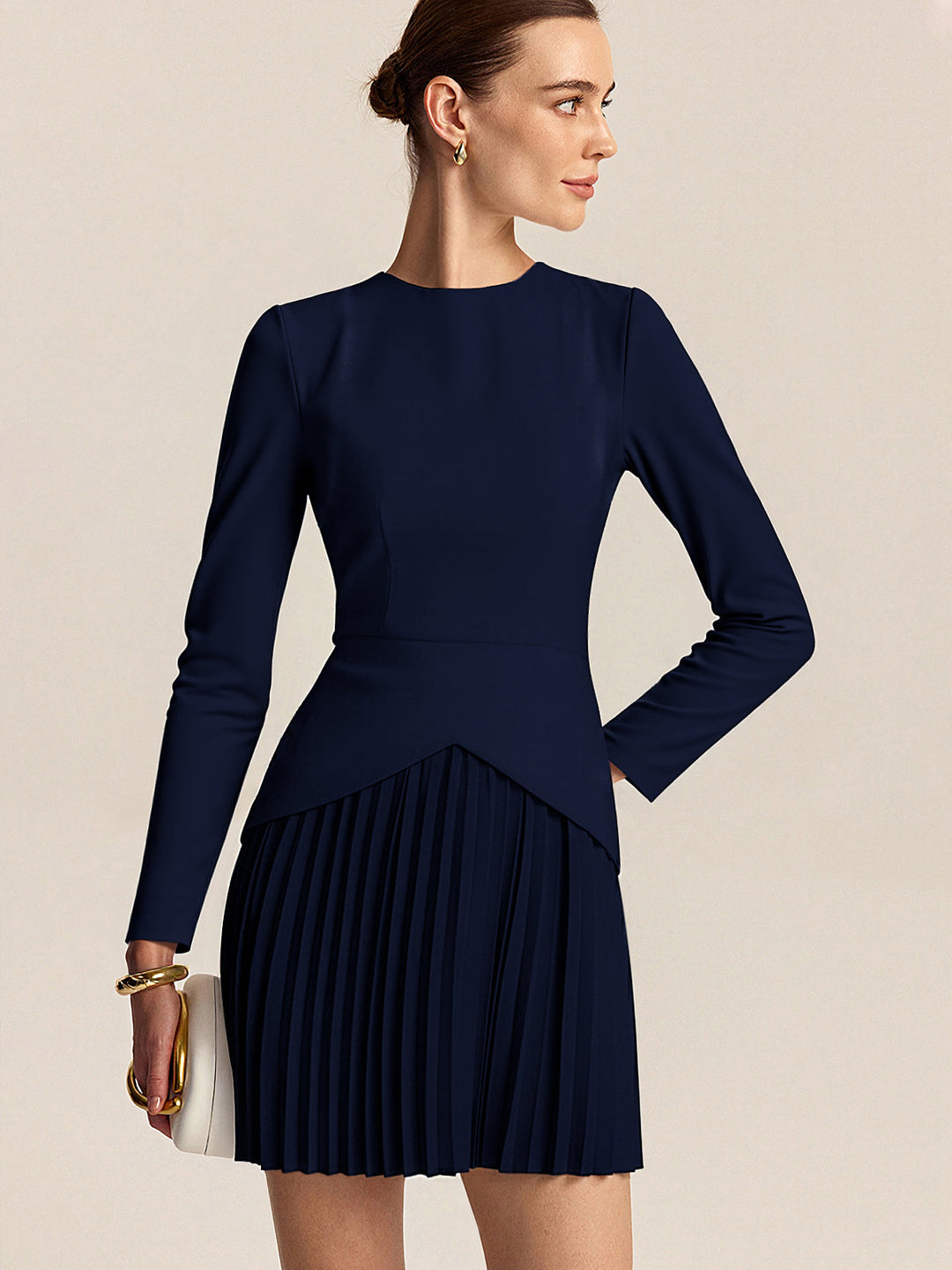 Long Sleeve Color-Block Pleated Dress