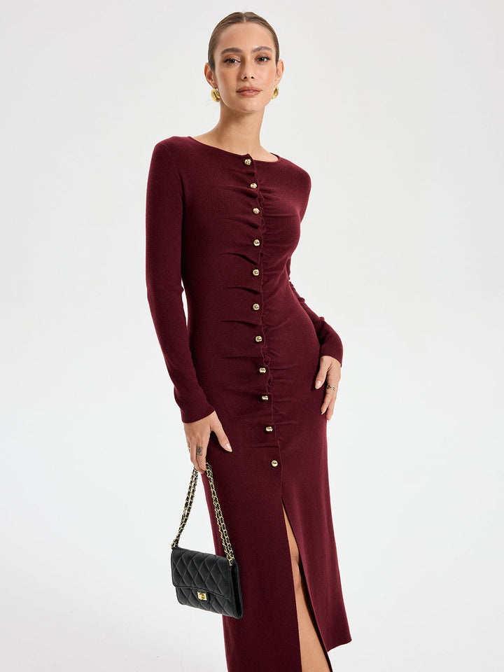 Elegant Long Sleeve Wide Neck Button Front Knit Dress