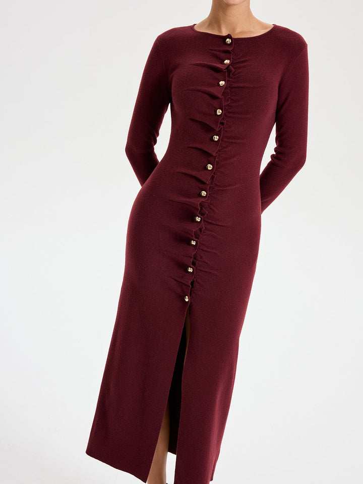 Elegant Long Sleeve Wide Neck Button Front Knit Dress