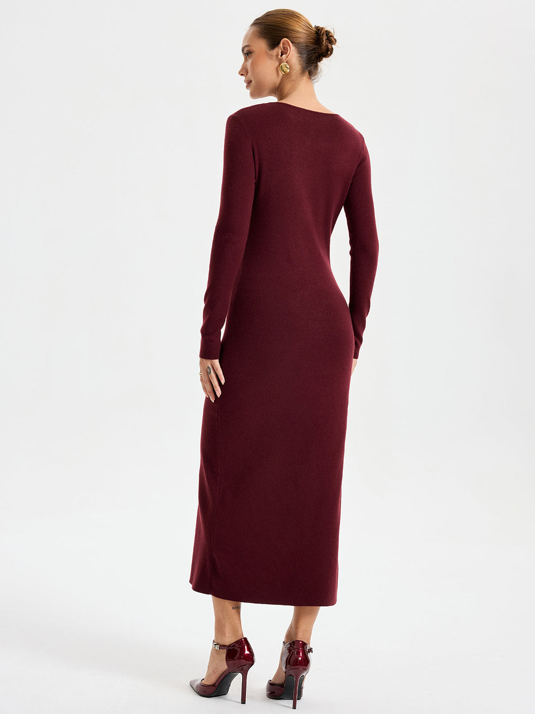 Elegant Long Sleeve Wide Neck Button Front Knit Dress