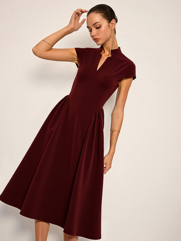 Cap Sleeved Keyhole Neckline Flared Midi Dress