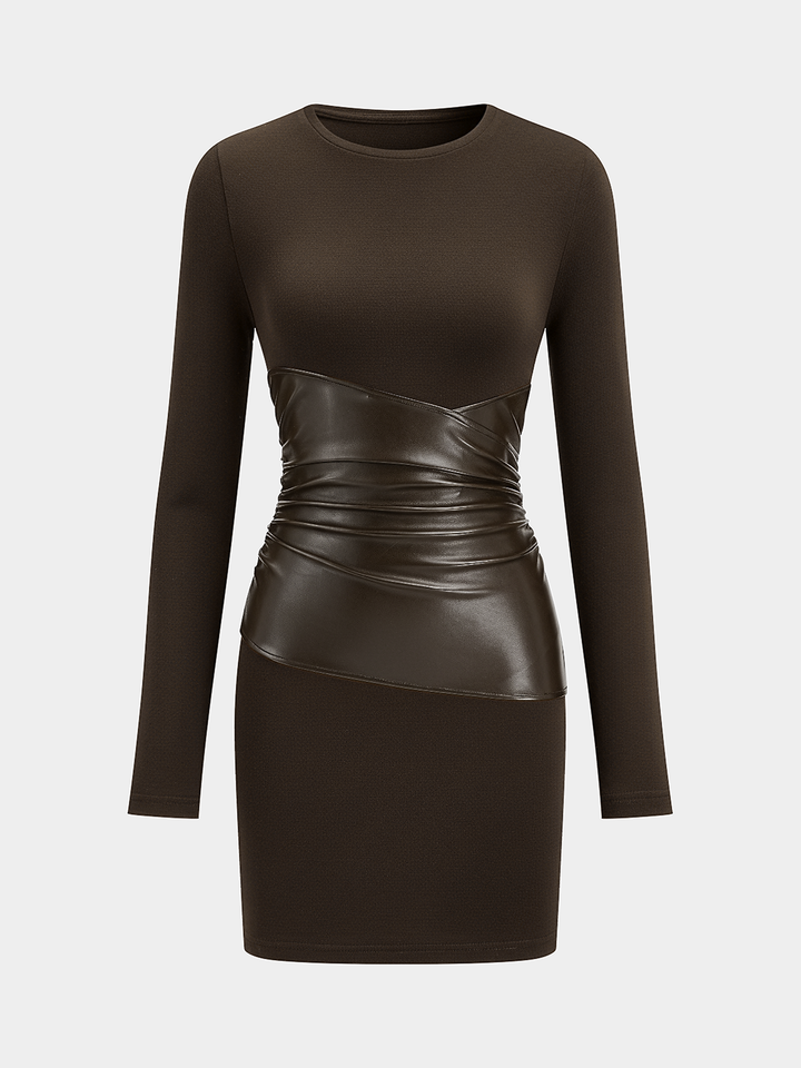 PU Leather Panel Long Sleeve Knit Dress