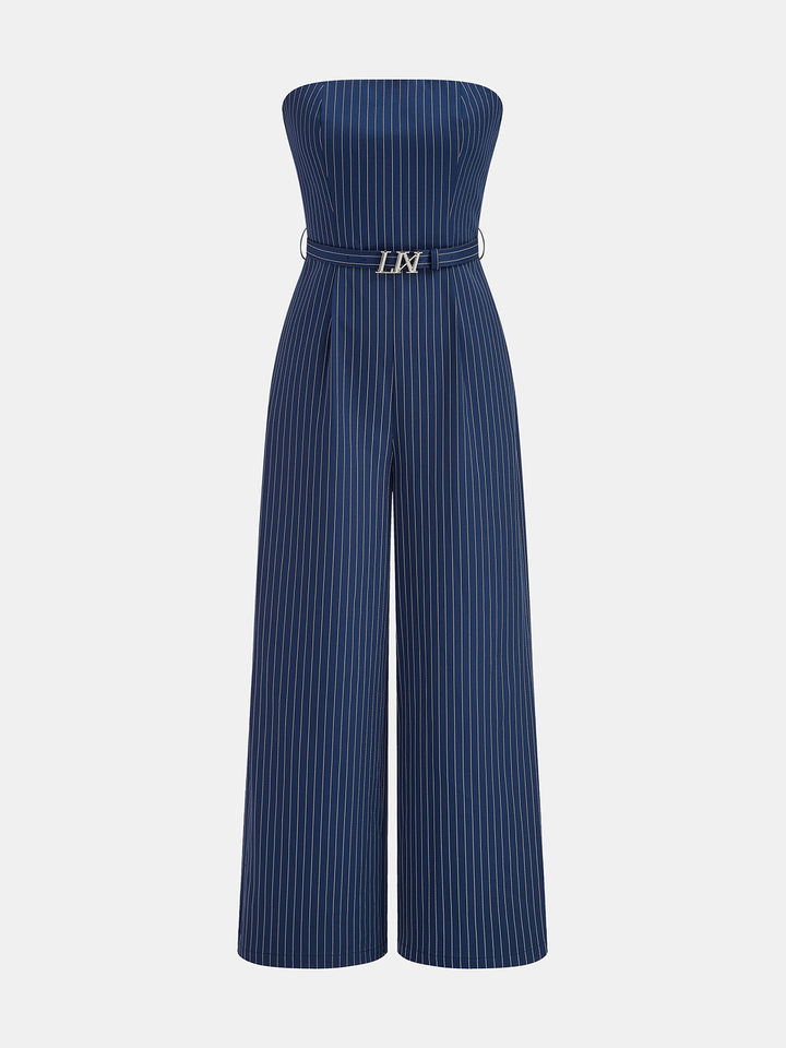 Transparent Strap Belted Pinstripe Jumpsuit