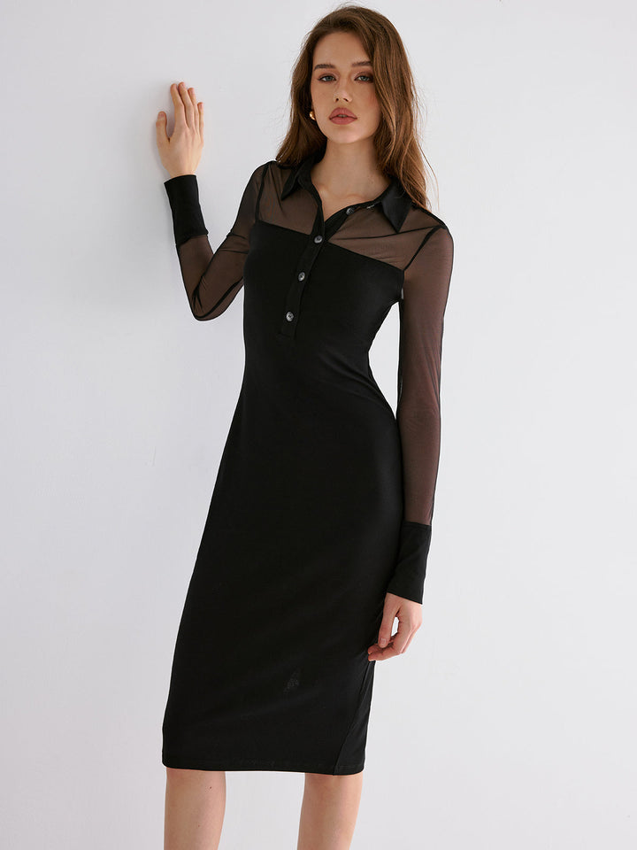 Contrast Mesh Collared Midi Dress