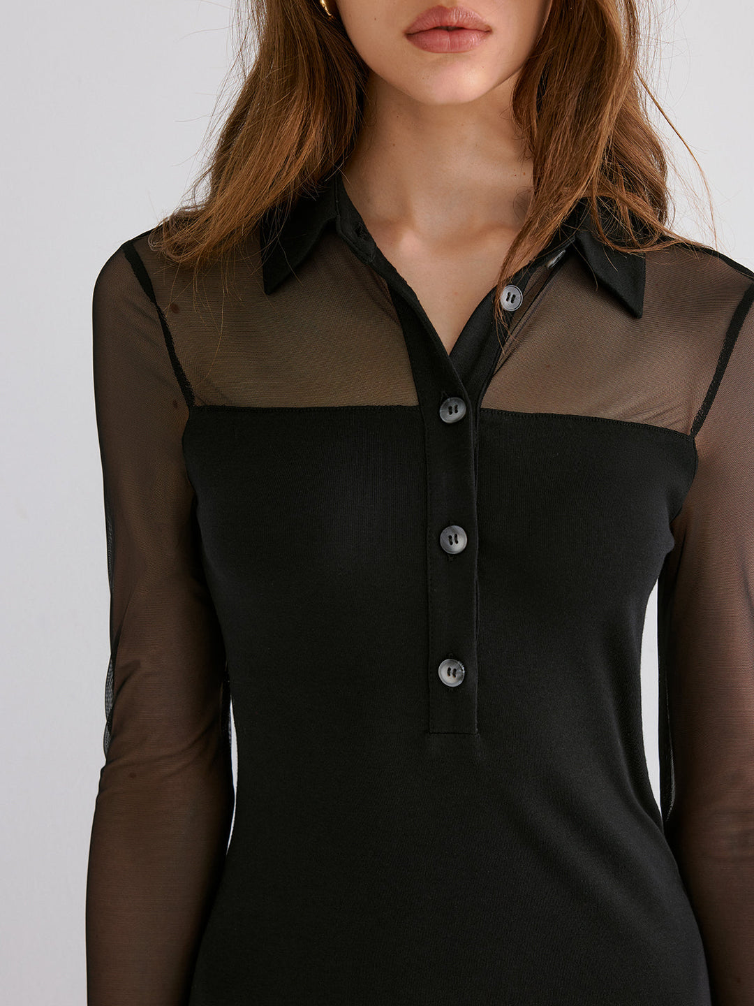 Contrast Mesh Collared Midi Dress