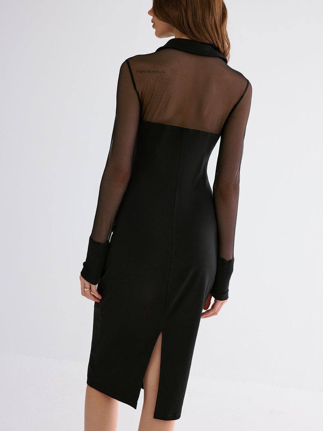 Contrast Mesh Collared Midi Dress