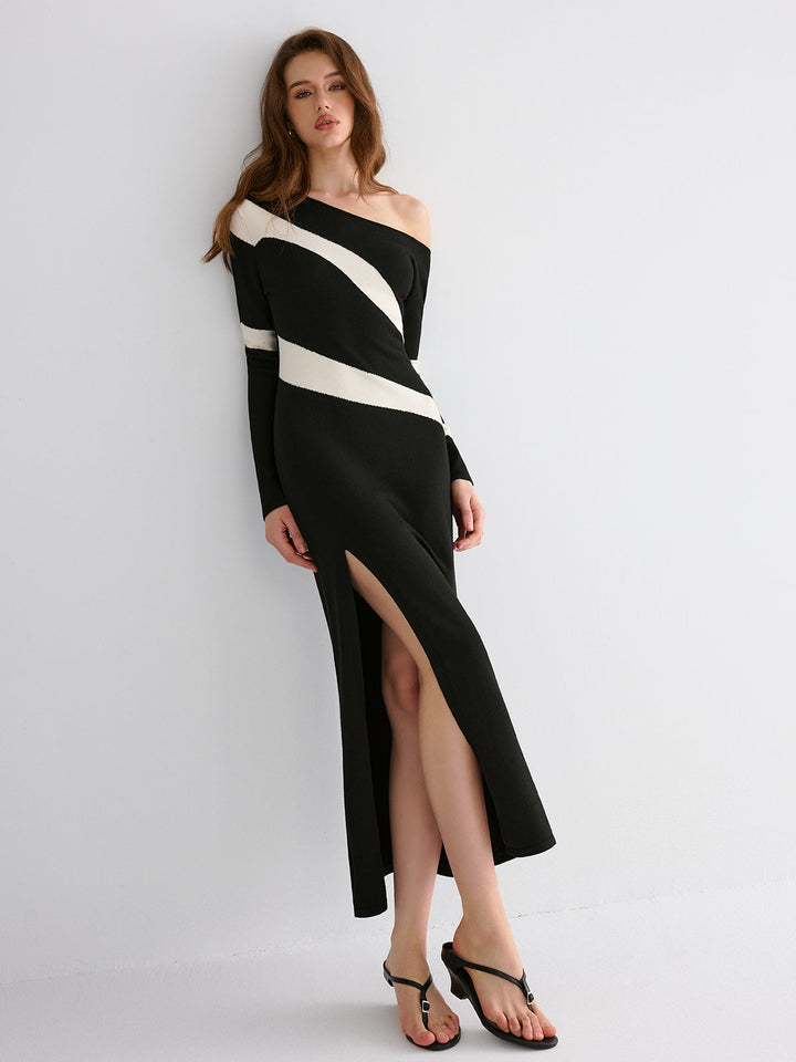 Striped Slit Off-Shoulder Maxi Dress