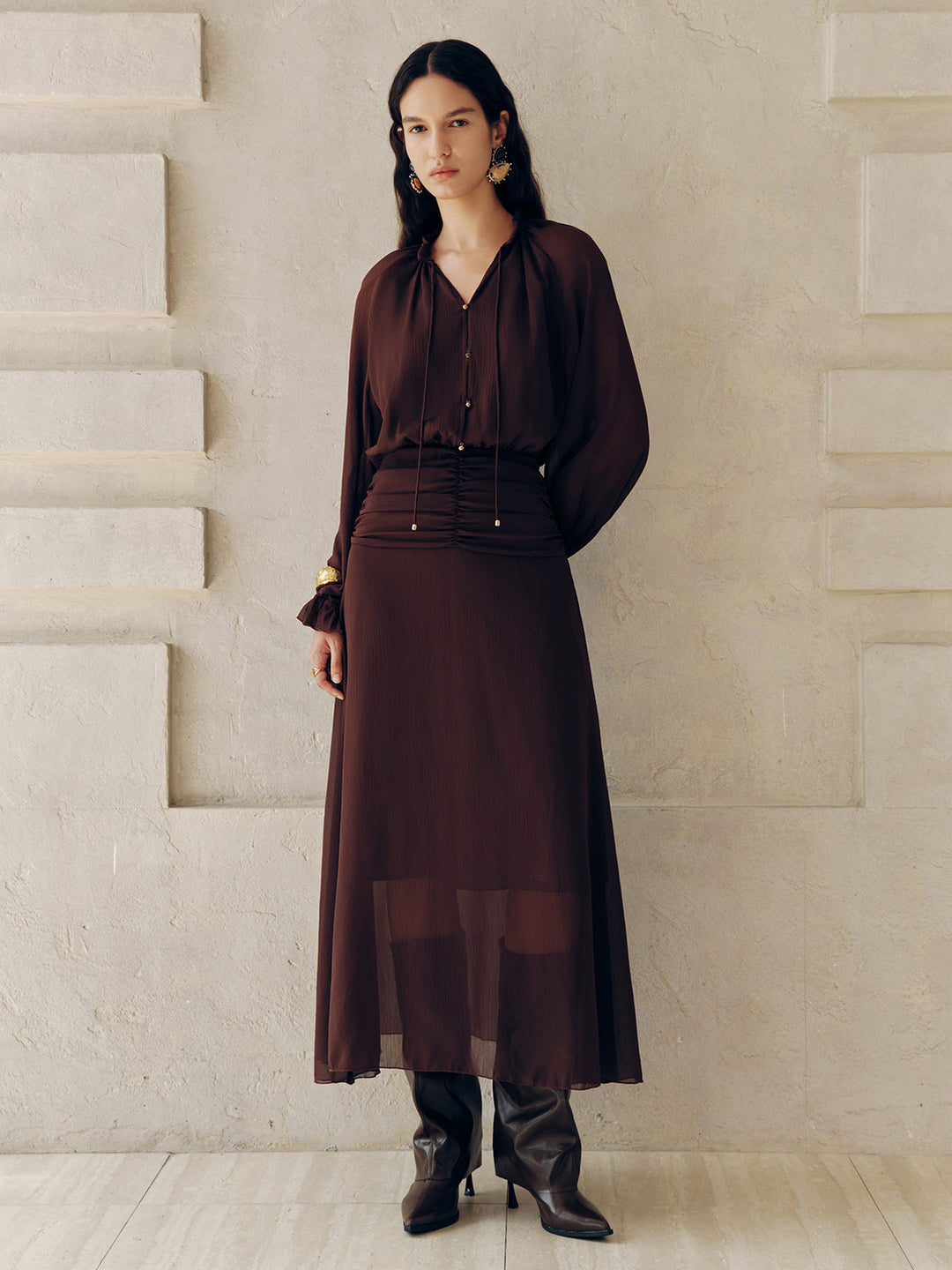 Tie-Neck Ruched Chiffon Maxi Dress