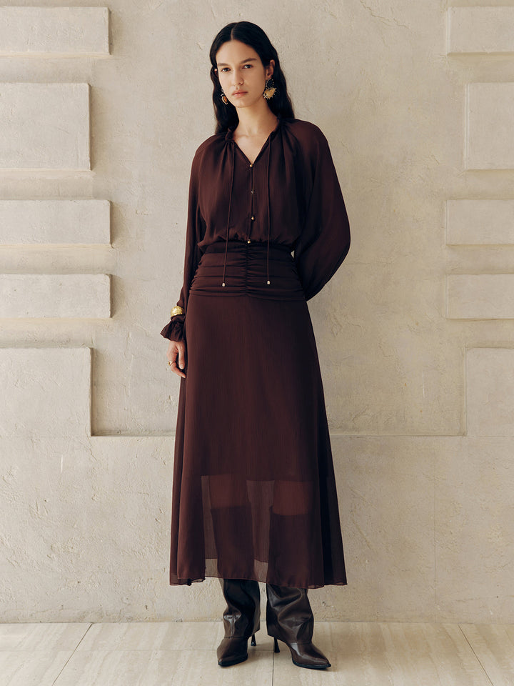 Tie-Neck Ruched Chiffon Maxi Dress