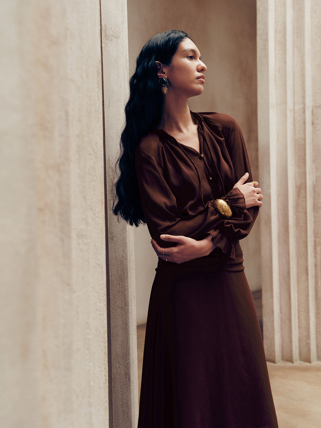 Tie-Neck Ruched Chiffon Maxi Dress