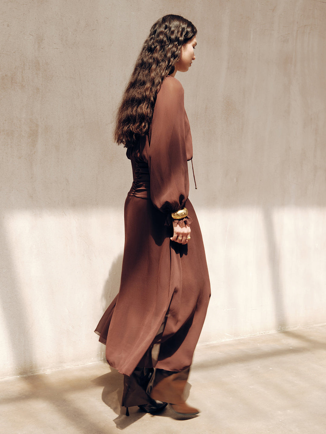 Tie-Neck Ruched Chiffon Maxi Dress