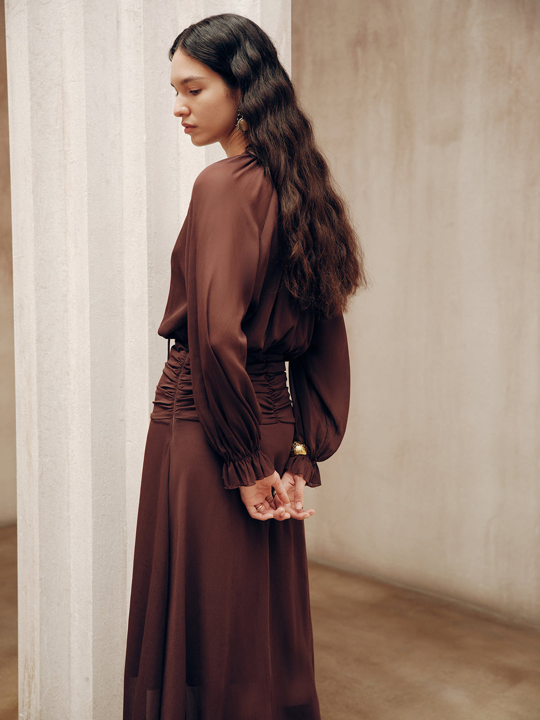 Tie-Neck Ruched Chiffon Maxi Dress