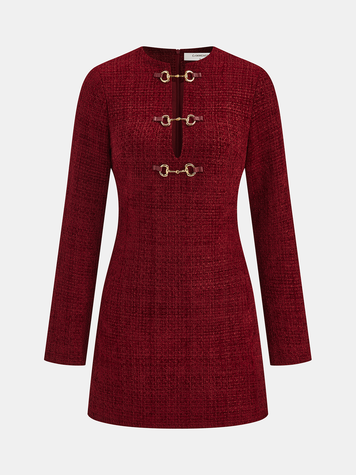 Metal Buckle Tweed Mini Dress
