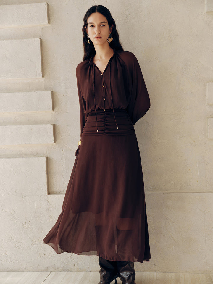Tie-Neck Ruched Chiffon Maxi Dress