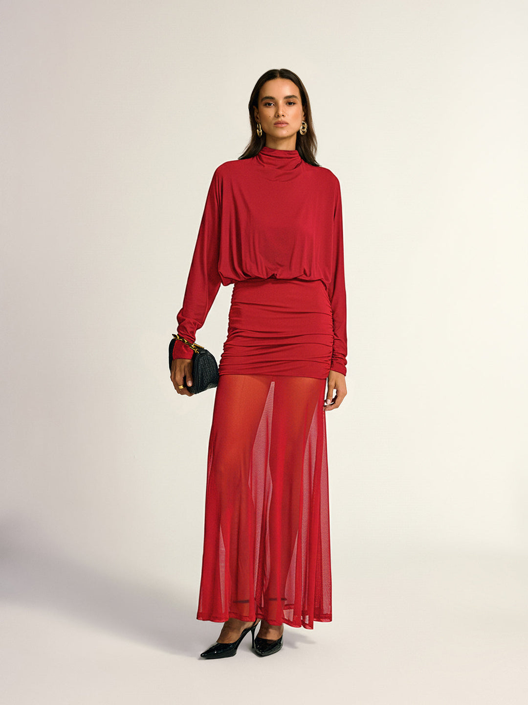 Turtleneck Long Sleeve Drape Ruched Mesh Dress